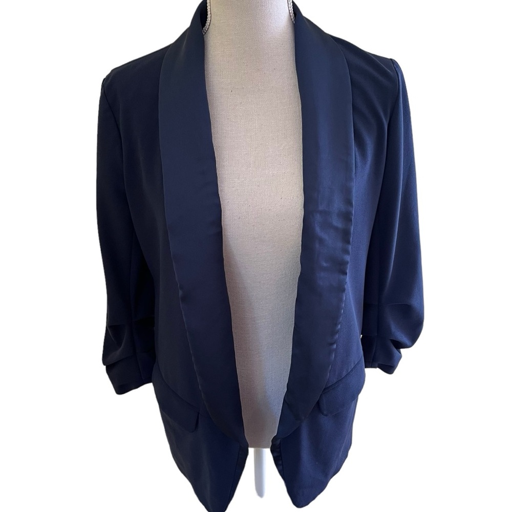 Anthropologie Hutch Navy Blue Open Front Blazer with Satin Collar XS